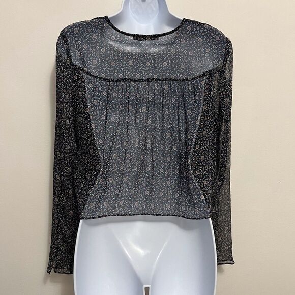 The East Order Navy Floral Sheer Tie Front Blouse Size Medium - Picture 4 of 8